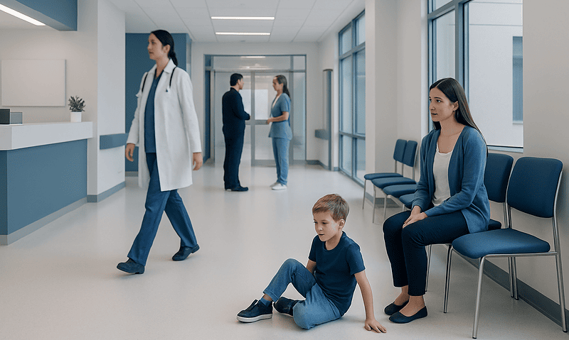 Child sitting on hospital corridor floor with mother and medical staff nearby.