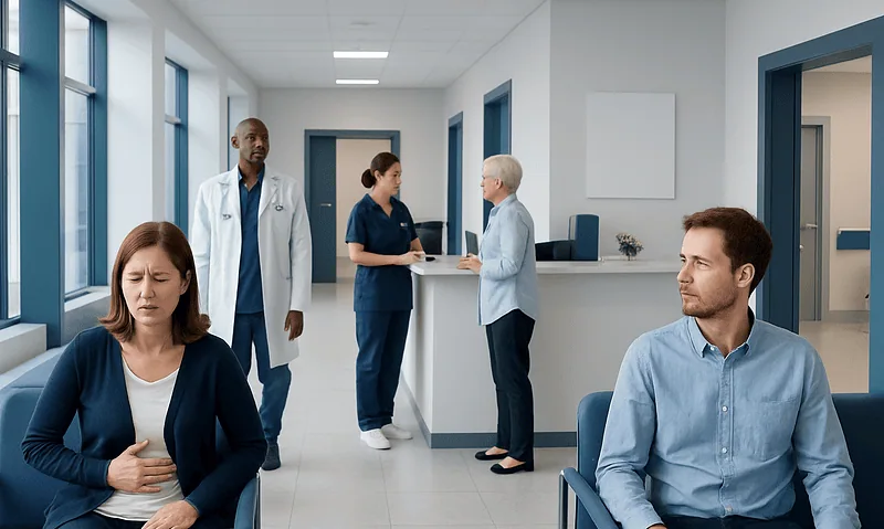 Patients waiting in a hospital corridor for medical consultation.