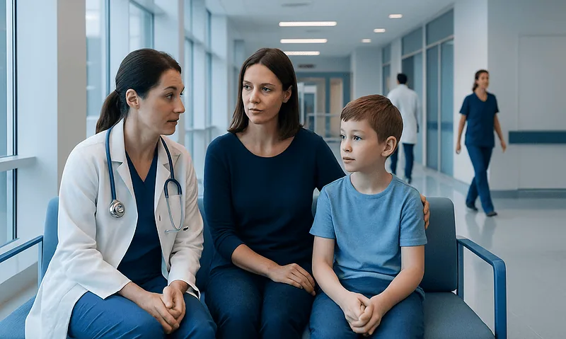 Pediatric consultation with a doctor and mother in a hospital corridor.