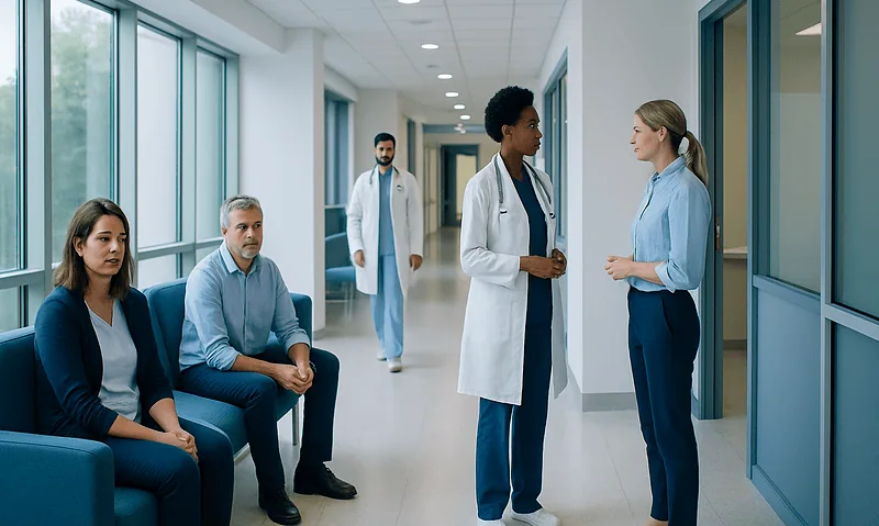 Medical team discussing patient care in hospital corridor.