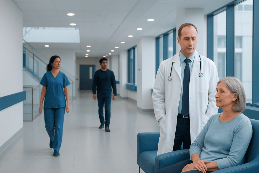 Autoimmune Encephalitis: How Early Diagnosis Can Change Treatment 1 Doctor consulting elderly woman in hospital corridor with nurses in background.