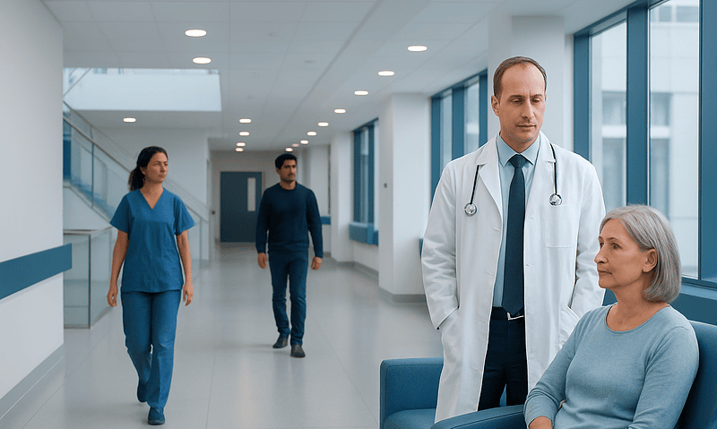 Doctor consulting elderly woman in hospital corridor with nurses in background.