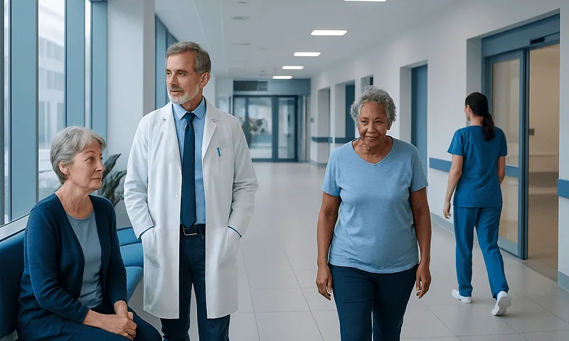 Medical team consulting with elderly patient in hospital corridor.