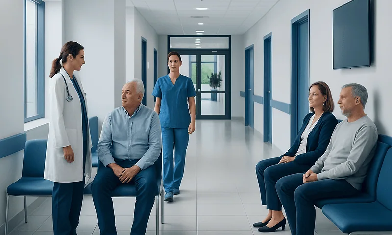 Medical consultation in hospital corridor with patients and healthcare professionals.
