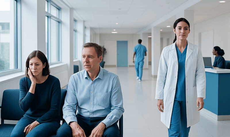 Patients waiting in a hospital corridor with a healthcare professional nearby.
