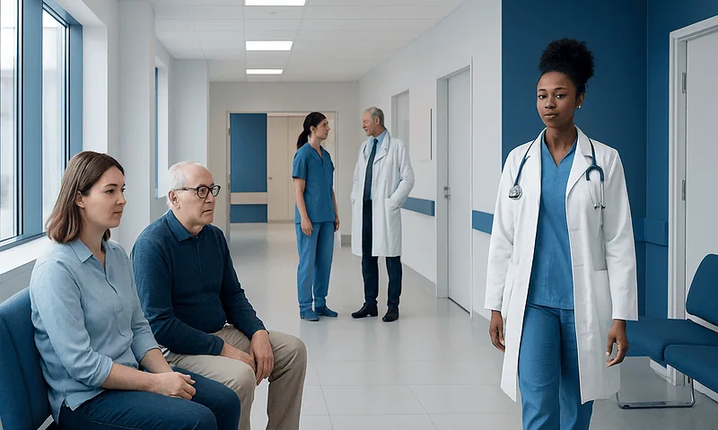 Medical consultation in hospital corridor with healthcare professionals and patient.
