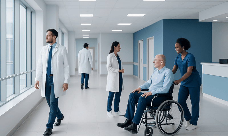 Medical team consulting with patient in hospital corridor.