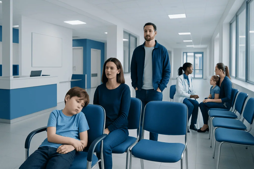 Daytime Sleepiness in Children: When Narcolepsy Should Be Suspected 1 Children and parents waiting in a hospital corridor for sleep disorder consultation.