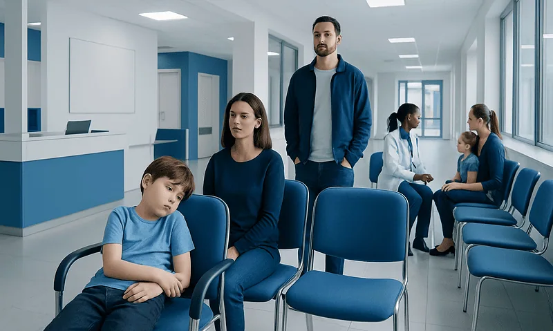 Children and parents waiting in a hospital corridor for sleep disorder consultation.