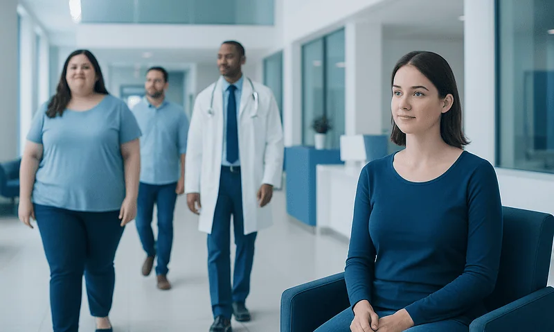 Patient waiting in hospital corridor with medical staff nearby.