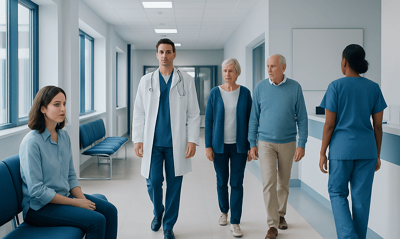 Medical team assisting elderly patients in hospital corridor.