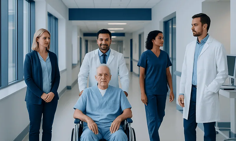 Medical team with elderly patient in hospital corridor for cardiac care.