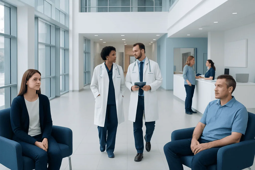 Autoimmune Cerebellitis: Balance Problems, MRI Findings, and Treatment 1 Medical team consulting with patients in a modern hospital lobby.