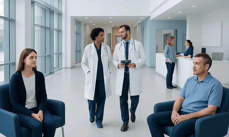 Medical team consulting with patients in a modern hospital lobby.