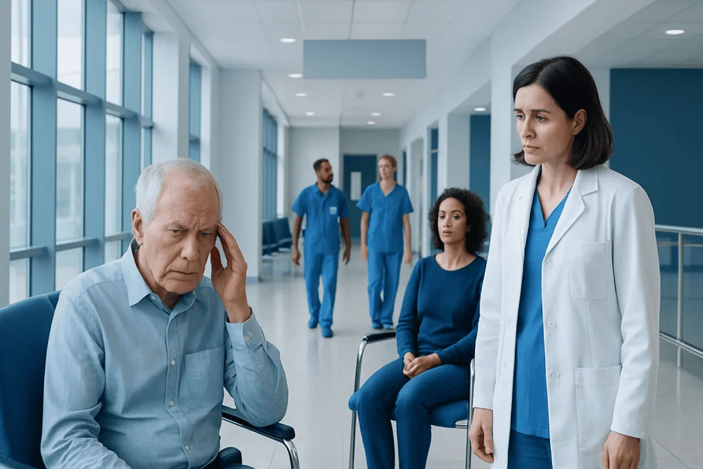 Confusion in Older Adults: Delirium, Dementia, or Another Neurological Problem? 1 Older man experiencing confusion in a hospital setting with medical staff nearby.