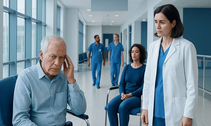 Older man experiencing confusion in a hospital setting with medical staff nearby.