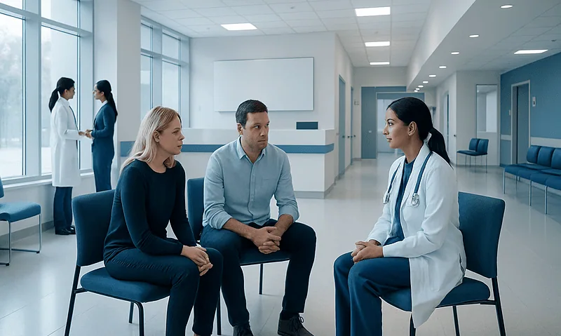 Doctor consulting with couple in modern hospital waiting area.
