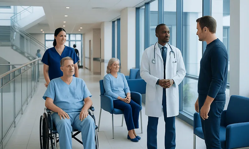 Medical team consulting patient in hospital corridor with wheelchair.