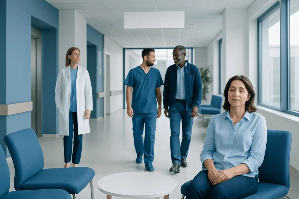 Sleep Attacks and Sudden Weakness: Early Signs of Narcolepsy 1 Medical professionals and patient in a hospital corridor at Acibadem Hospitals Group.