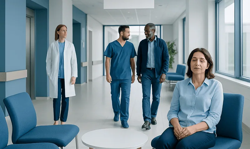 Medical professionals and patient in a hospital corridor at Acibadem Hospitals Group.