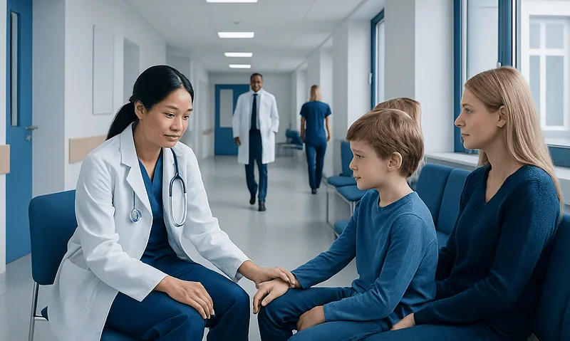 Pediatric consultation at Acibadem Hospital with doctor and young patient.