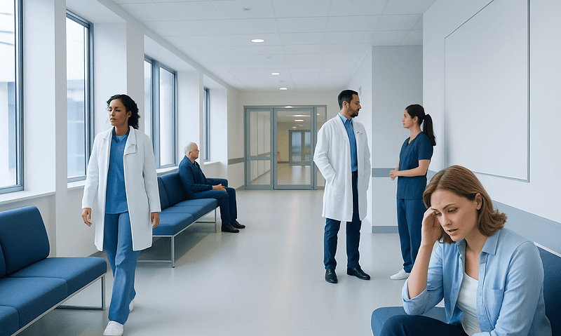 Medical staff and patients in a hospital corridor at Acibadem Hospitals Group.