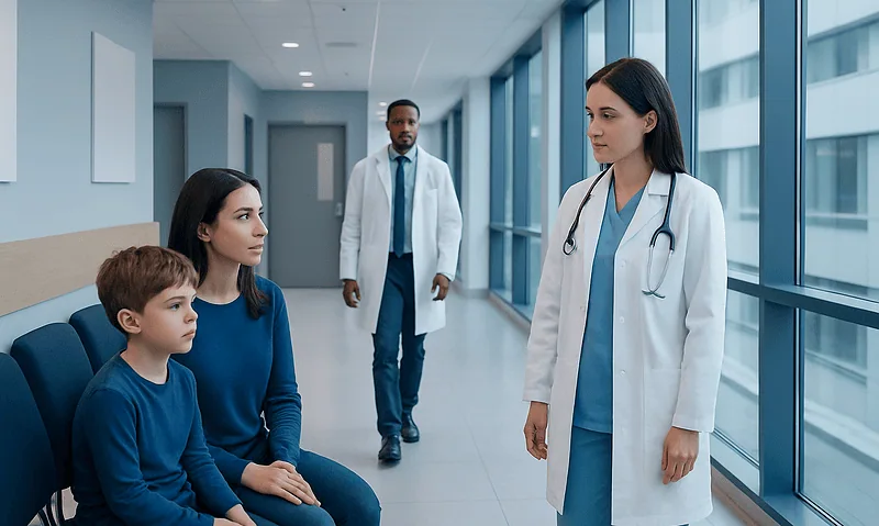 Child and mother consulting with a doctor in a hospital corridor.