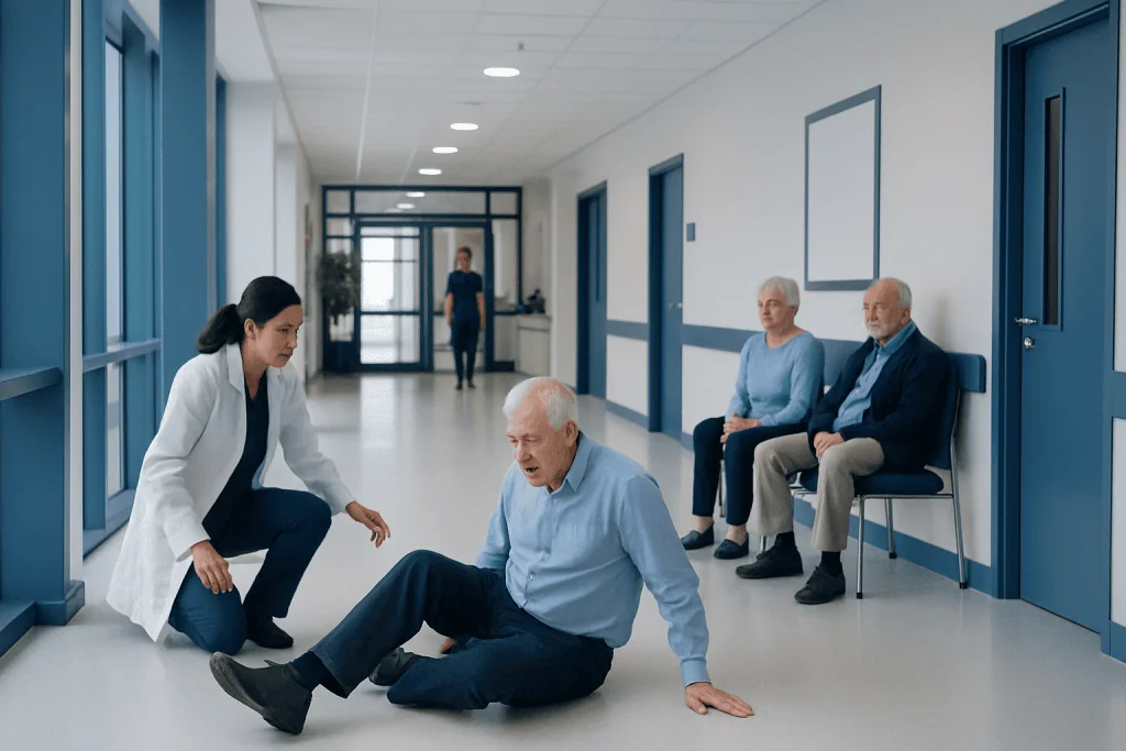 When Falls May Signal a Neurological Problem in Older Adults 1 Senior man experiencing fall in hospital corridor with medical staff and visitors nearby.
