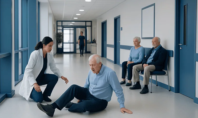 Senior man experiencing fall in hospital corridor with medical staff and visitors nearby.