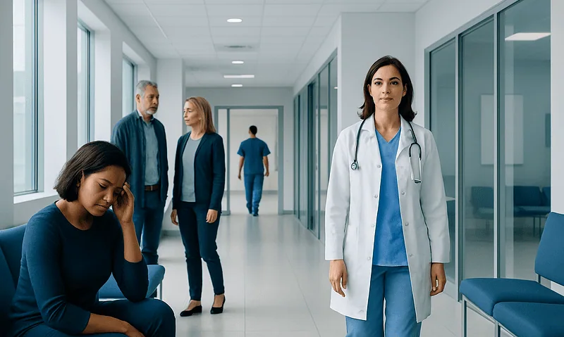 Medical staff and patients in a hospital corridor, healthcare environment.