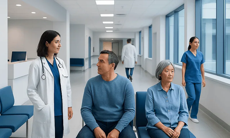 Patients waiting in a hospital corridor with medical staff nearby.