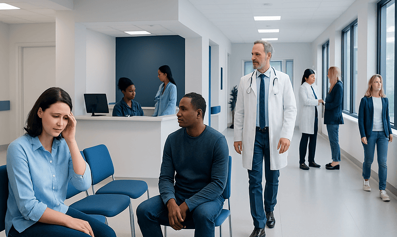 Patients waiting in a hospital corridor with medical staff and doctors present.