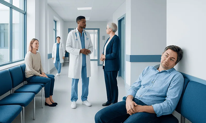 Hospital corridor with patients and medical staff engaging in consultation.
