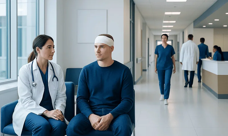Patient consulting with doctor in hospital corridor for brain injury assessment.