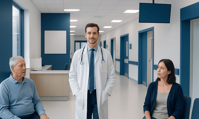 Doctor consulting with elderly and young female patients in hospital corridor.