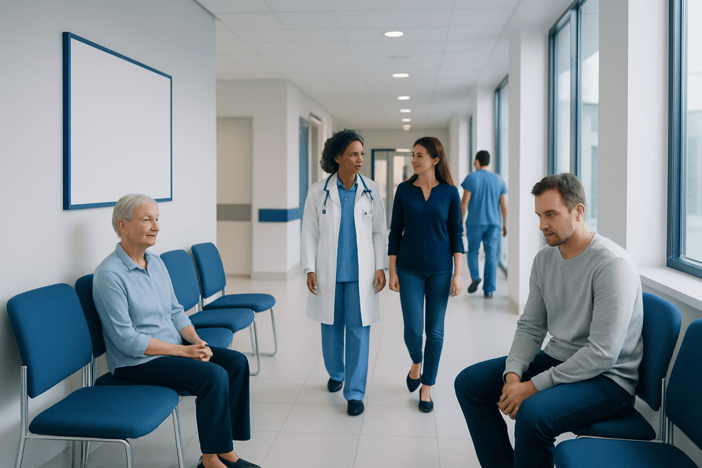 Numbness and Tingling: When Symptoms Suggest a Neuromuscular Disorder 1 Patients and medical staff in a hospital corridor at Acibadem Hospitals Group.