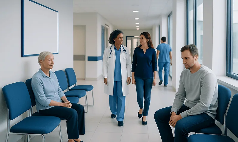 Patients and medical staff in a hospital corridor at Acibadem Hospitals Group.