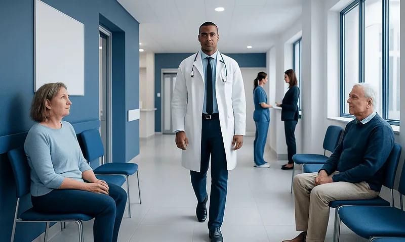 Doctor walking in hospital corridor with patients waiting.