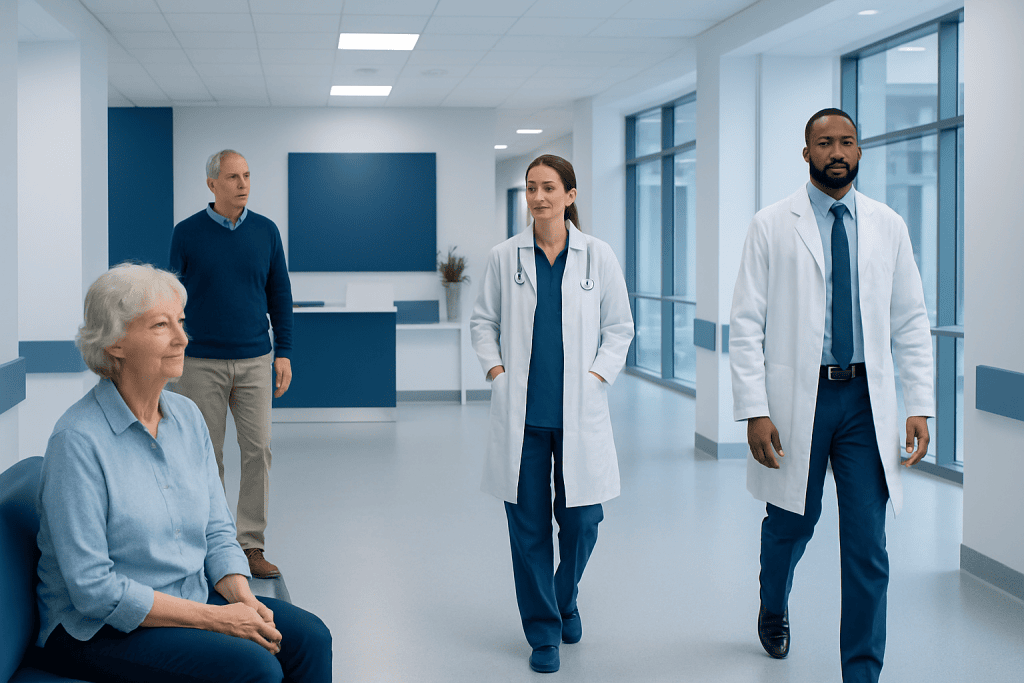 Neurosarcoidosis: Symptoms, MRI Findings, and How It Is Diagnosed 1 Medical team with patient in hospital corridor at Acibadem Hospitals Group.