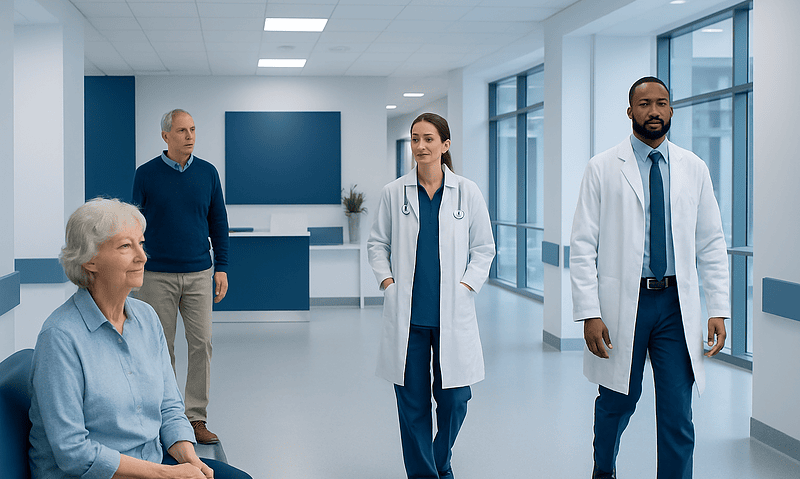 Medical team with patient in hospital corridor at Acibadem Hospitals Group.
