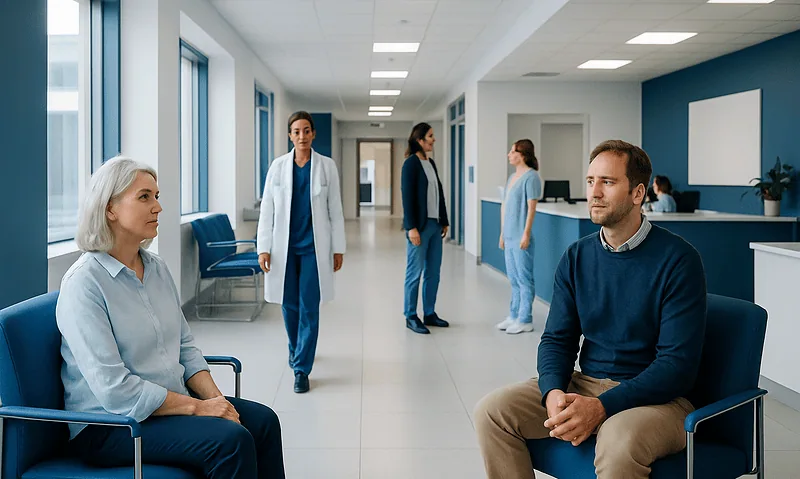 Patients and healthcare professionals in a modern hospital corridor.