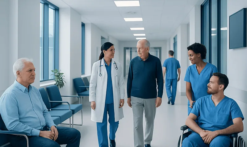 Medical team consulting with patient in hospital corridor.