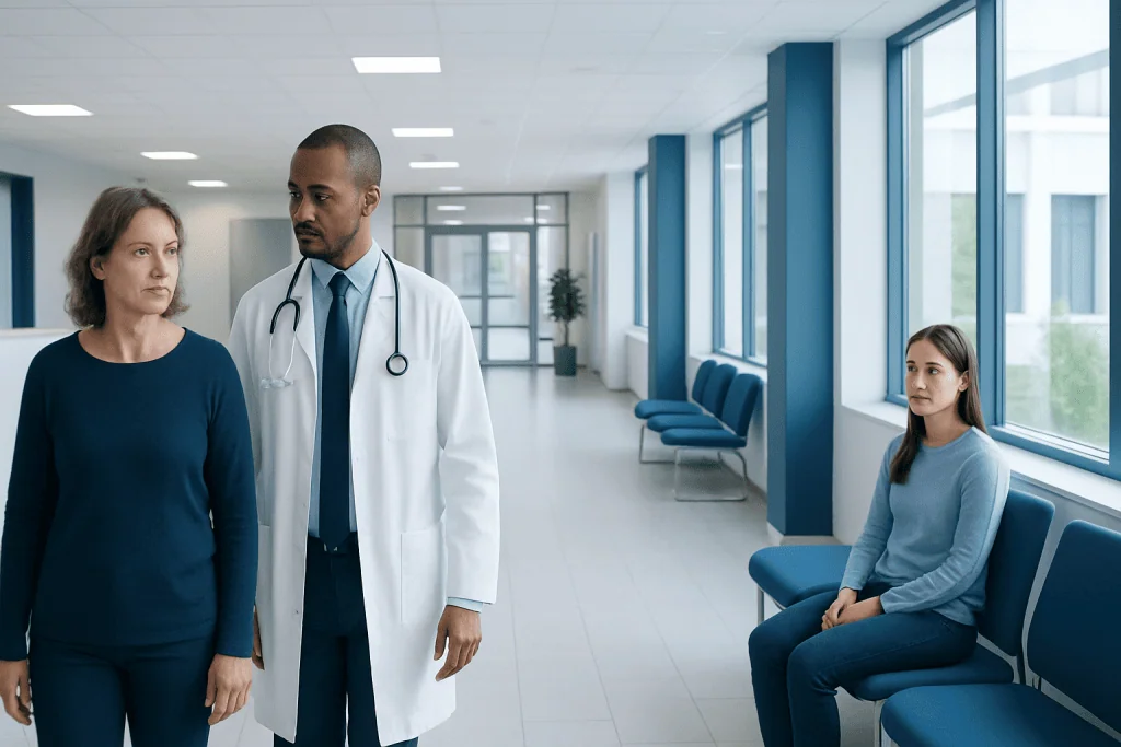 Psychiatric Symptoms Caused by Brain Disorders: When Neuropsychiatry Is Needed 1 Doctor consulting with a female patient in a hospital corridor.