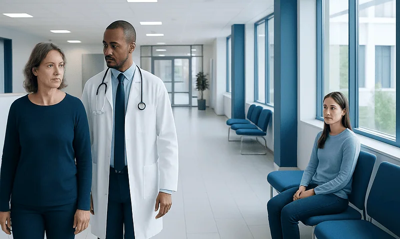 Doctor consulting with a female patient in a hospital corridor.
