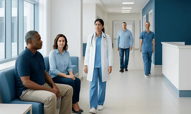 Medical team consulting patient in hospital corridor at Acibadem Hospitals Group.