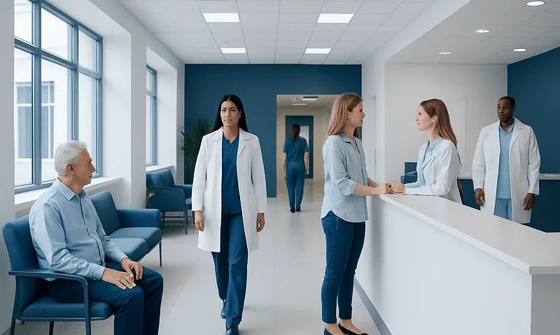 Medical staff and patient in a hospital reception area.