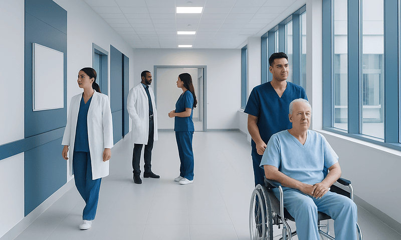 Medical team in hospital corridor with patient in wheelchair.