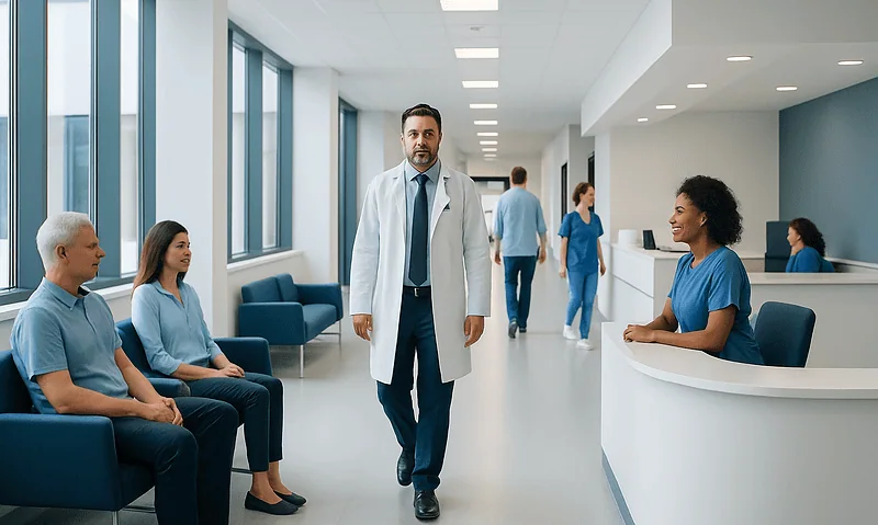 Doctor walking in hospital corridor with patients and staff.