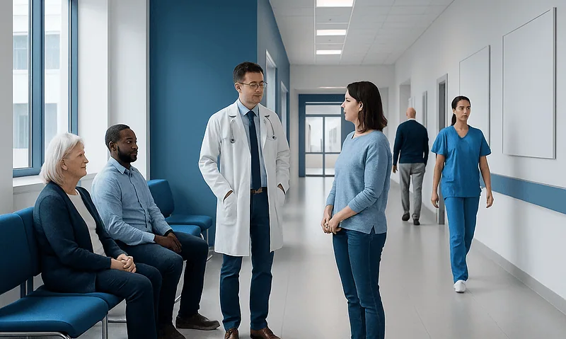Neuro-ophthalmology consultation in a hospital corridor with medical staff and patients.
