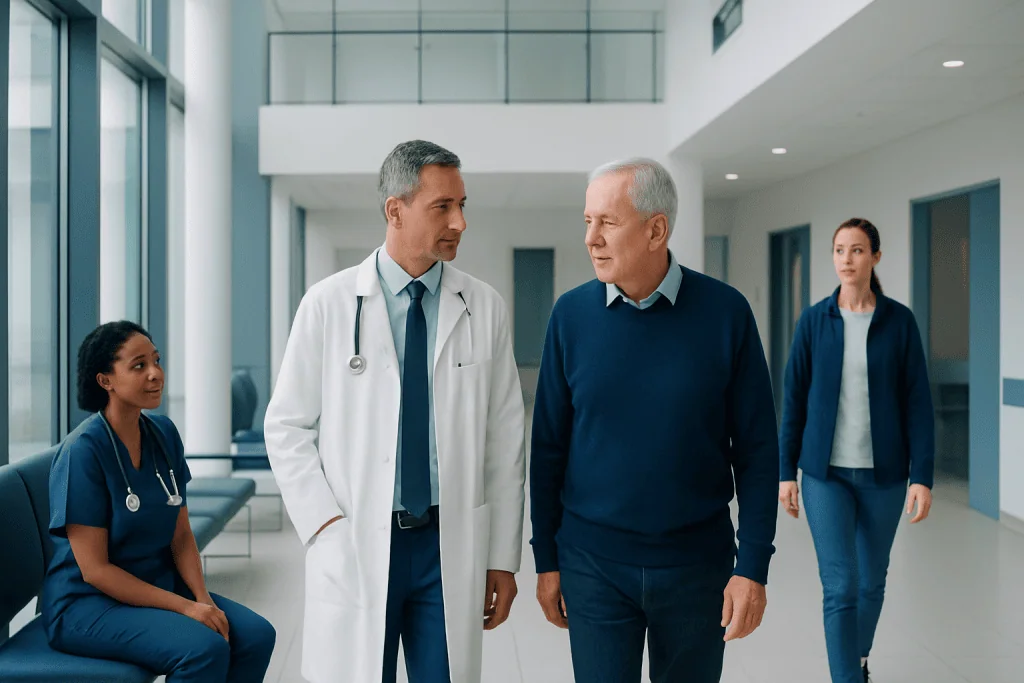 Blocked Arteries Without Chest Pain: When Bypass May Still Be Needed 1 Medical team discussing patient care in hospital corridor.